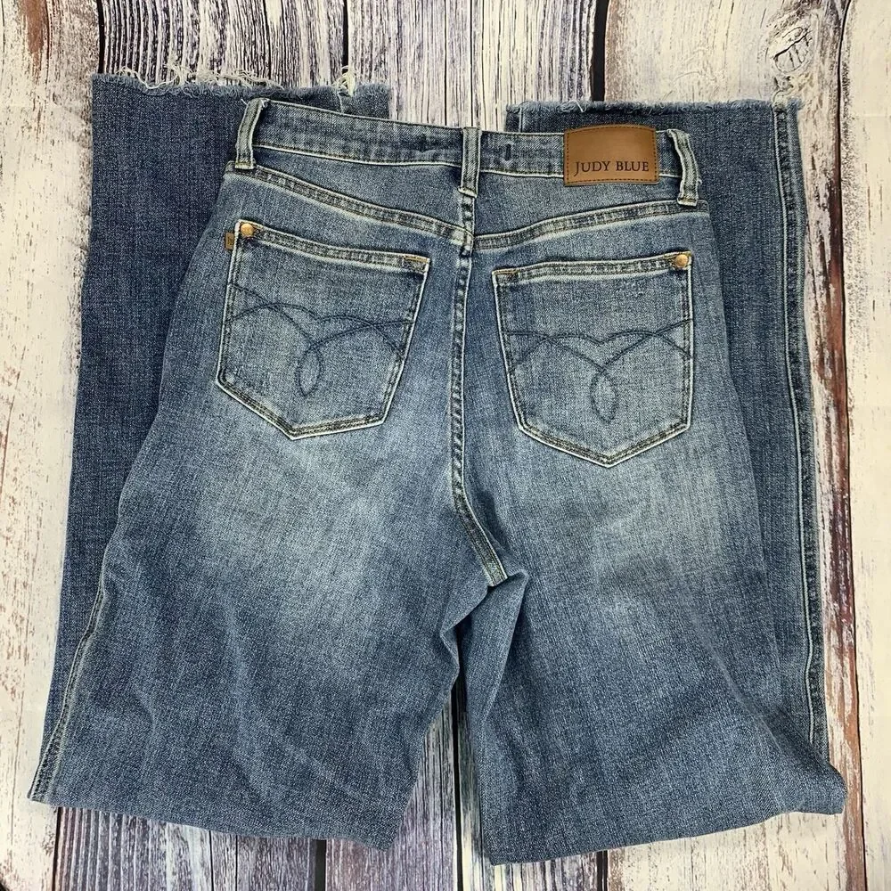 Judy Blue High Waist Tummy Control Raw Hem Straight Leg Jeans 88848 Size 5/27